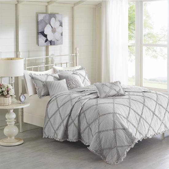 oversized queen check quilting grey bedspread